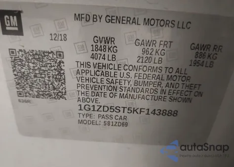 2019 Chevrolet Malibu Lt z USA, uszkodzony, nr VIN 1G1ZD5ST5KF143888